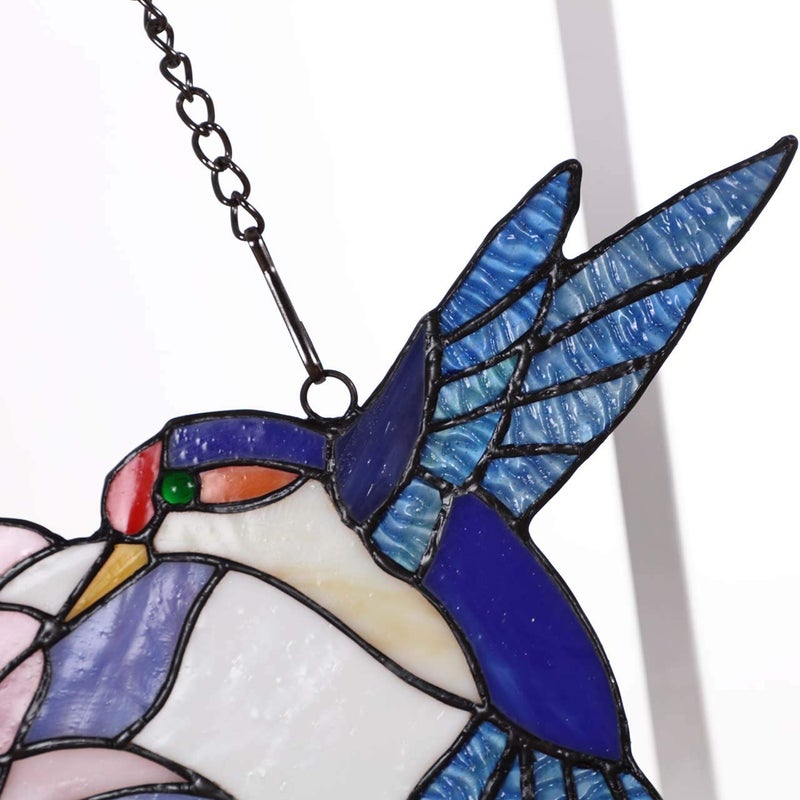 Bieye W10015 Hummingbird Flower Tiffany Style Stained Glass Window Panel Hangings with Chain, Blue, 18" Wide x 9" Tall - Image 4
